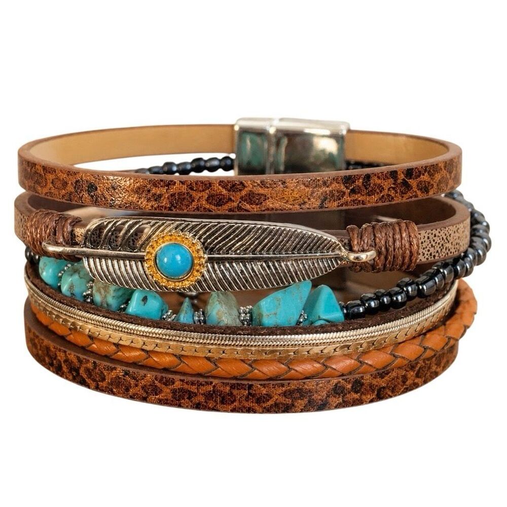 Western Multi-Strabd Cuff Brown Vegan Leather Bracelet Turquoise Accents
